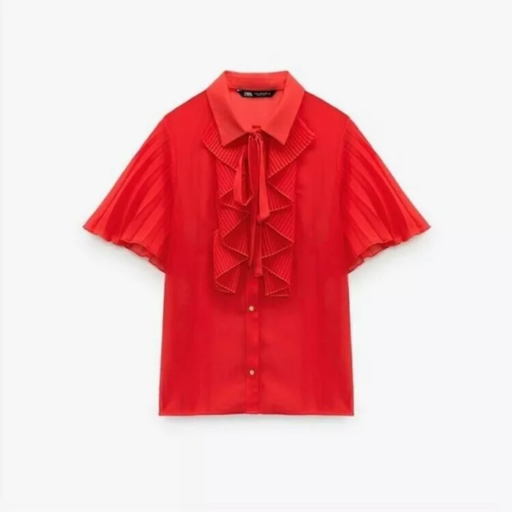NWT Zara Beautiful ruffled tie front sheer blouse sz M